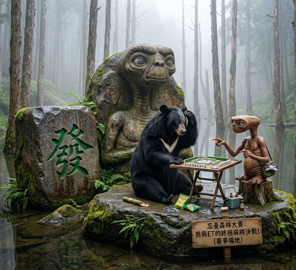忘憂森林驚天動地麻將爭霸戰,邊喝啤酒邊打牌,忘憂森林水上麻將館,洋芋片配金牌啤酒打麻將,台灣熊愛打麻將,台灣黑熊打麻將,南投竹山有台灣黑熊出沒,台灣黑熊在忘憂森林打麻將,星際ET與黑熊麻將交流,外星人也想碰碰胡,幽浮路過看熱鬧,黑熊與外星人在忘憂森林揪團打牌